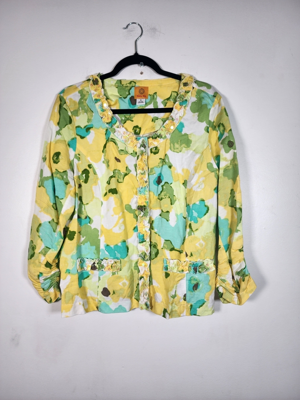 Ruby Rd. Yellow Green Floral Button-Front Blouse - Picture 3 of 7